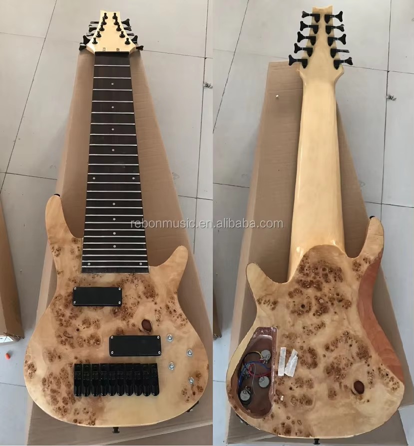 Weifang Rebon High Quality Fretless 10 String Burl Maple Electric Bass Guitar