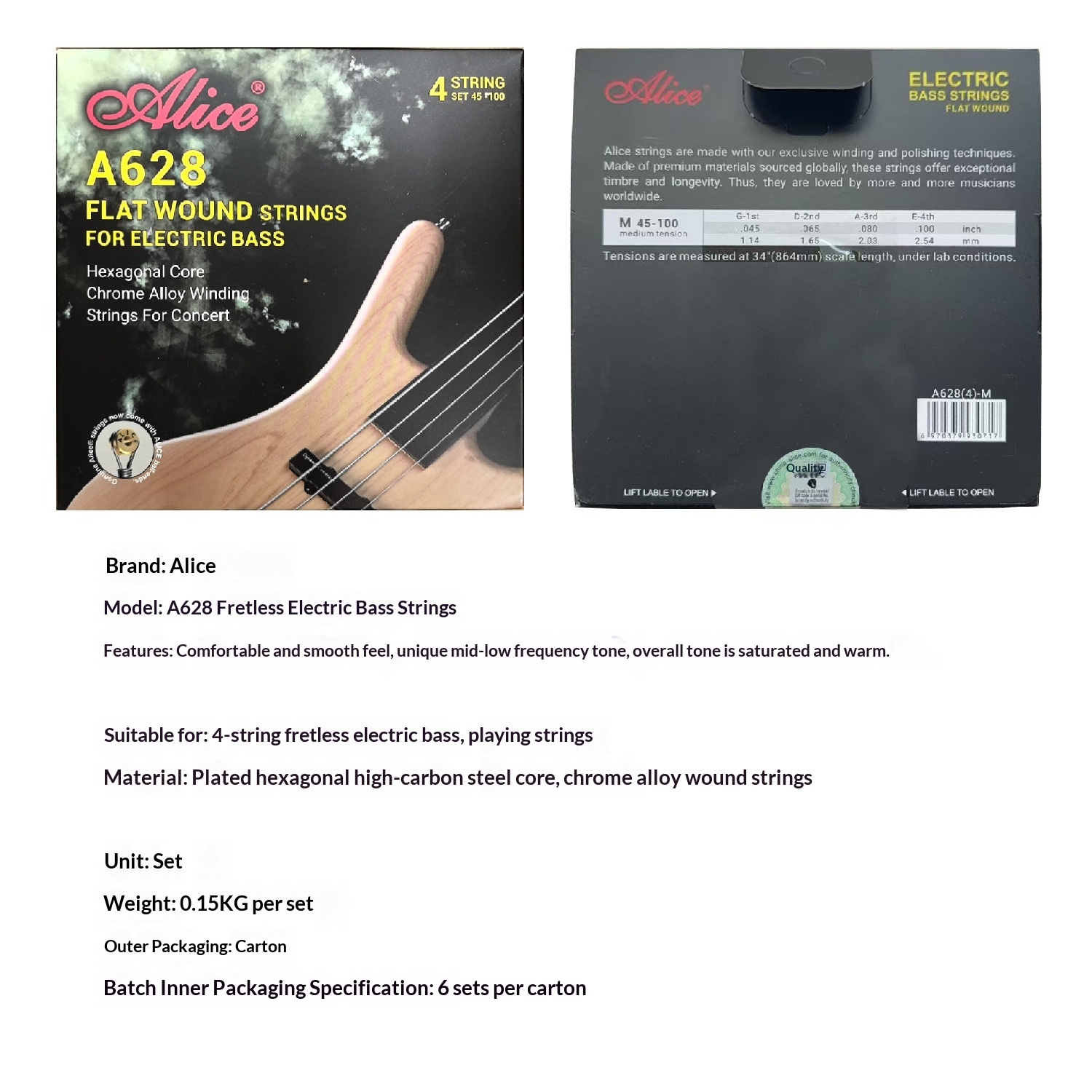 Alice Bass Strings A628 Fretless Four-String Set Electric Bass Strings Flat Wound Hex Core Chrome Alloy