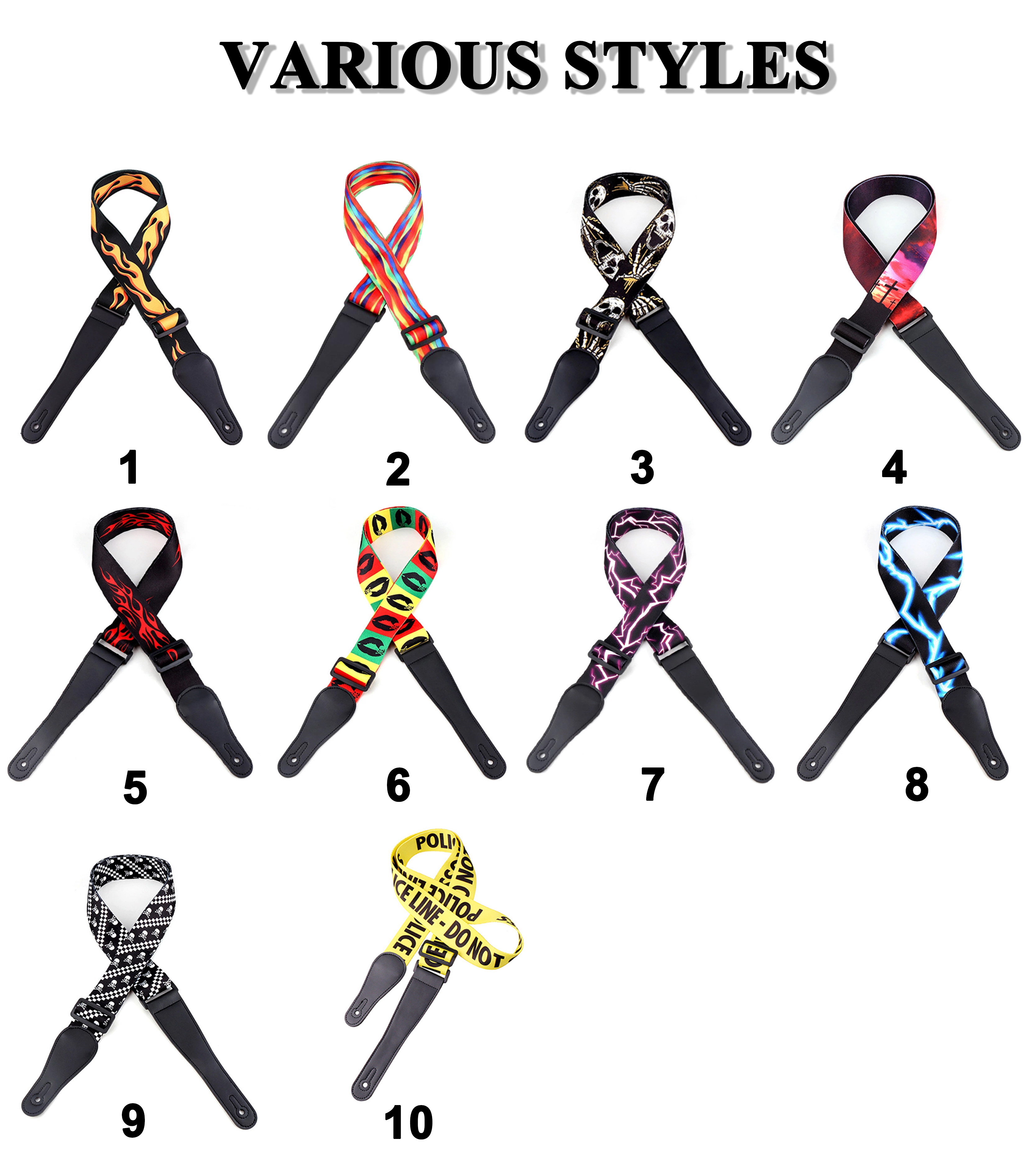 Wholesale Different Style Sublimation PU Leather Ends Polyester Guitar Straps Support Custom