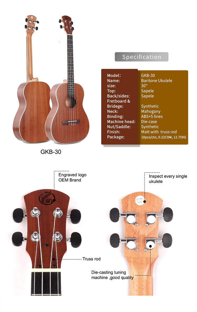 Wholesale Musical Instruments 30inch Sapele Baritone Ukulele